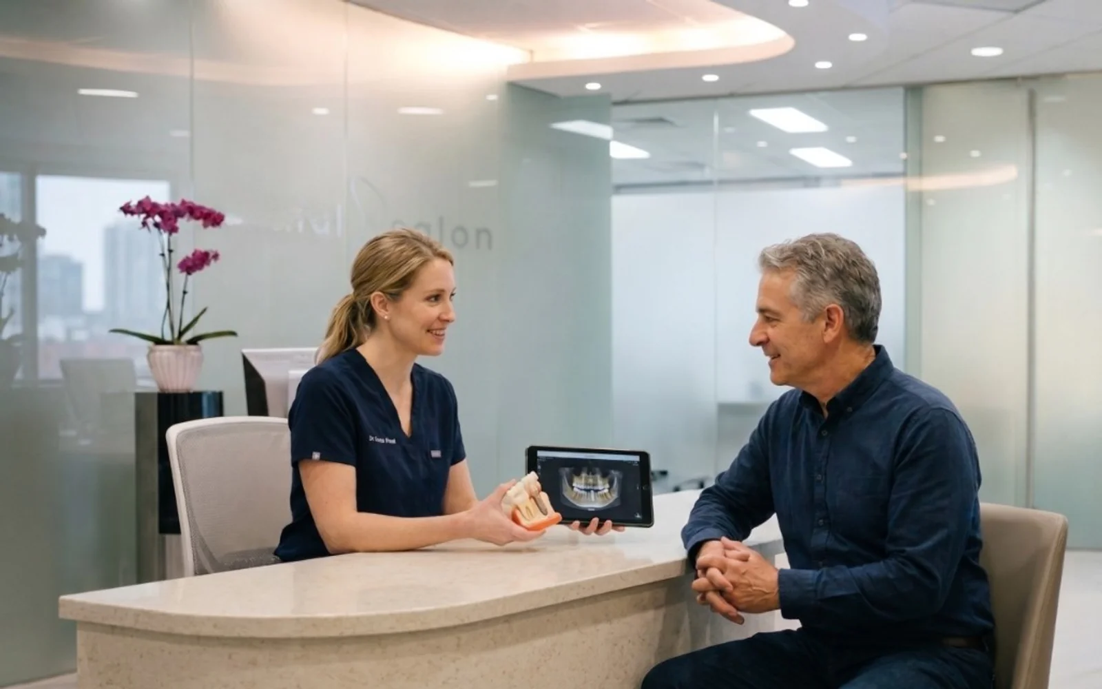Illustration of a dental implant consultation
