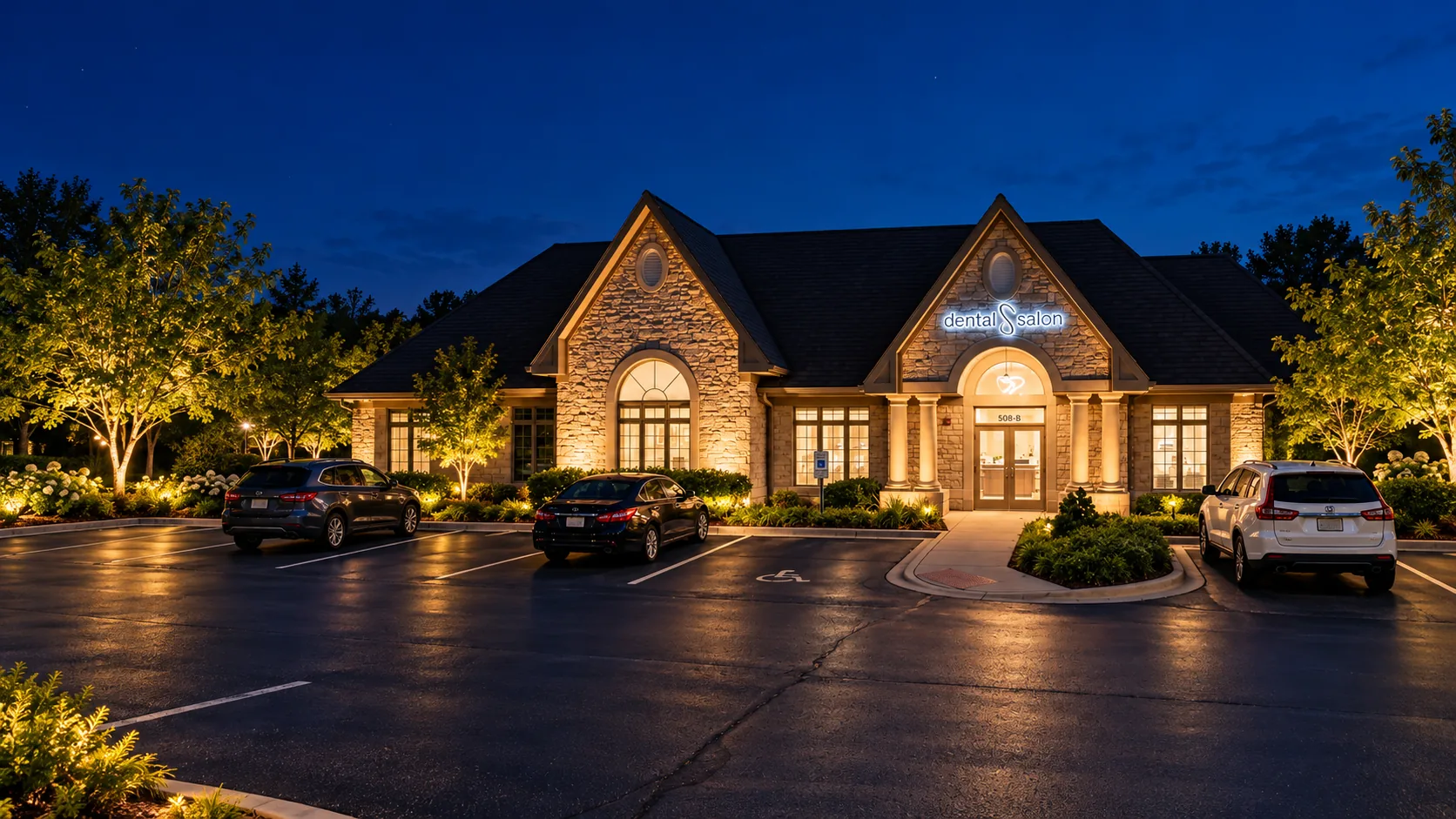 Dental Salon Schaumburg at dusk: stone building on West Golf Road lit by warm exterior lights, with the illuminated Dental Salon sign above the entrance and cars parked in front.